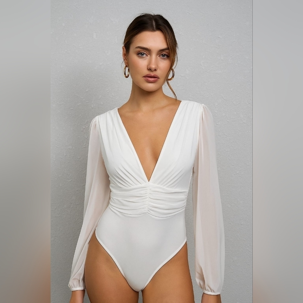 NWOT FOREVER 21 MESH Elegant White V-Neck Bodysuit